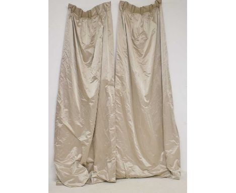 Pair of taupe coloured silk lined and interlined curtains, 271cm (approx.) drop x 128cm (approx.) width of bottom hemex. Dorc