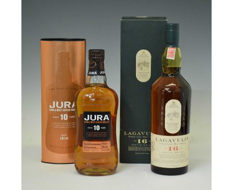 Jura Aged 10 Years Single Malt Scotch Whisky, 70cl, together with a bottle of Lagavulin Aged 16 Years Scotch Whisky, 1 litre,
