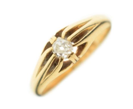 18ct gold gypsy set diamond solitaire ring, the old-cut diamond 4.1mm diameter approx claw set, size S½ approx (shank out of 
