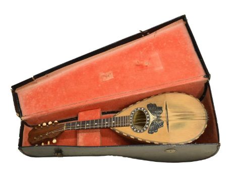 Cased mandolin, with internal label of 'Stridente, Fabrica di Mandolini, Via Antonio 22, Napoli', inlaid with a butterfly to 