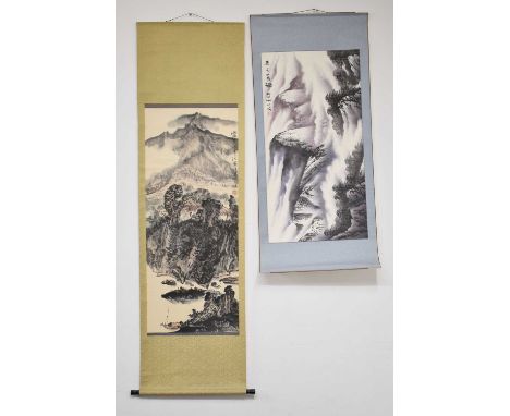 Chinese scroll depicting a mountainous landscape with inscription and red seal mark, 117 x 48.5cm, on a yellow damask backing