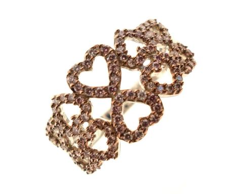 9ct white gold pink and white diamond heart motif dress ring, size N½, 3.8g gross approx