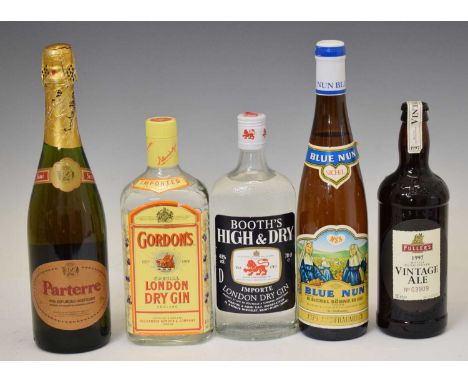 Gordon's Special London Dry gin, Booth's High &amp; Dry gin, Parterre Semi Seco, Blue Nun Liebfraumilch 1978, and a Fuller's 