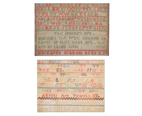 William IV 1836 needlework sampler, 'Margaret Blagdon, aged 8 ys', 24cm x 28.5cm, and late Victorian needlework sampler, 'Eth