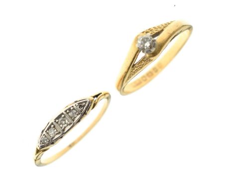 18ct gold single-stone diamond ring, Birmingham 1970, size N½, and an early 20th century '18ct &amp; Plat' five-stone diamond