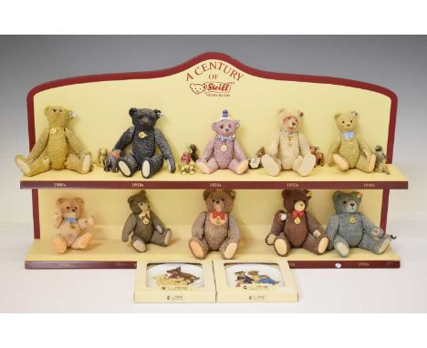 Steiff - 'A century of Steiff' wall hanging shelf with ceramic bears through the century comprising; 1904, 1912, 1926, 1930, 