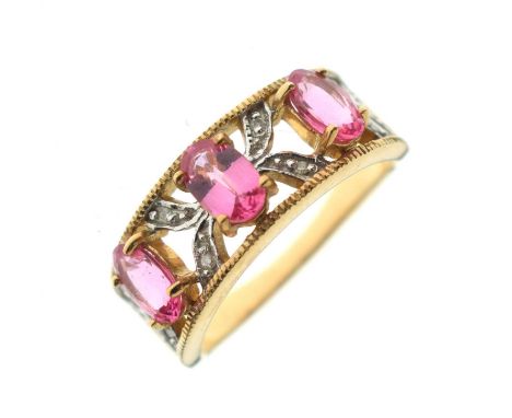 9ct gold 'Ayanna' spinel and diamond ring, size N, 3.9g gross approx, with Gems TV certificate stating three oval Tanzanian s