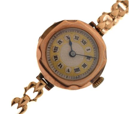 Early 20th century lady's 9ct gold cocktail watch, the gilt cellular Roman dial with blued steel hands, 15 jewels manual wind