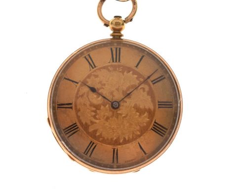Early 20th century Swiss yellow metal (18K) open face fob watch, the gilt chapter ring Roman dial; enclosing engraved floral 