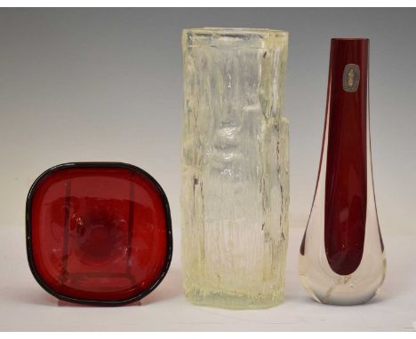 1960s Whitefriars cased ruby glass vase of teardrop from with original manufacturer's label, together with a clear glass text