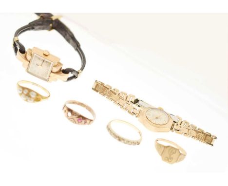 Four gold rings, comprising a signet ring and three dress rings - one 9ct, one unmarked yellow metal, and one 18ct (stones mi