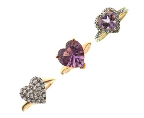 Three heart-shaped 9ct gold rings comprising a heart-shaped amethyst ring, size N, 2g gross approx, together with a fancy-cut