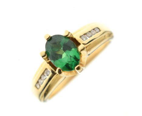 18ct gold, Kenyan Tsavorite (0.9ct) and diamond ring, size N, 5.7g gross approx, with Gems TV certificate stating 7.5mm x 5.5
