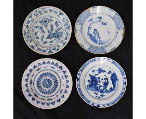 Four assorted 18th century Dutch Delft and English delftware plates, comprising two with chinoiserie 'Long Eliza' figures in 