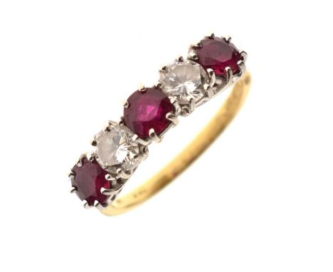 Ruby and diamond five-stone 18ct yellow gold ring, size N, 3.2g gross approx