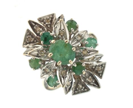 Emerald and diamond cocktail ring, unmarked white metal, size Q, 6.1g gross approx