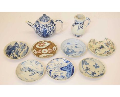 Collection of Dutch Delft and other Continental ceramics, comprising: a bullet-shaped teapot, 12cm high, sparrow-beak milk ju