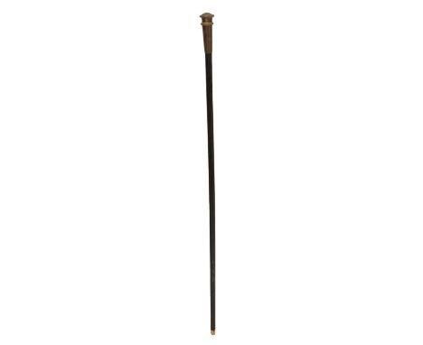 Early 20th century novelty walking stick / cane, the plated screw top with fire brigade medallion to top, revealing lighter, 
