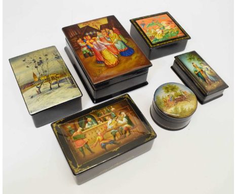 Six Russian lacquer boxes, circa 1980s, comprising five of rectangular form, to include ‘Rooks come Flying’ an augury of Spri