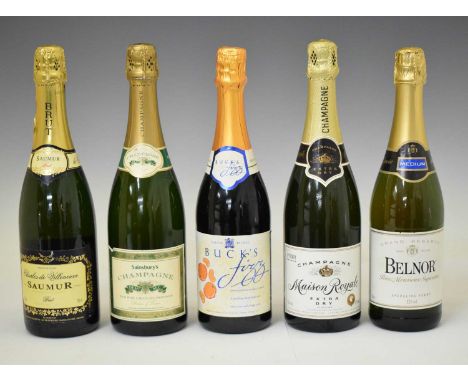 Mixed group of champagne and sparkling wine comprising; Saumur, Sainsbury's, Maison Royale and Belnor, together with a bottle