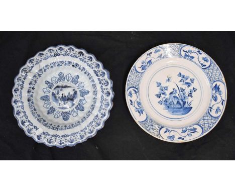 18th English delftware plate, decorated in Chinese style with birds and butterfly, 33.5cm diameter, and a Dutch Delft multi-l