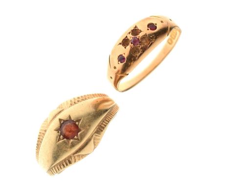 9ct gold gypsy set garnet ring, size S, 6.3g gross approx, and a Victorian 15ct gold ruby set ring (a/f), Chester 1884, size 