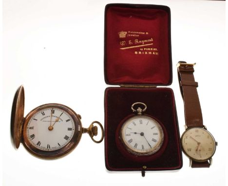 Late Victorian silver cased open-face fob watch, the white enamel Roman dial with blued steel hands, engraved case back with 