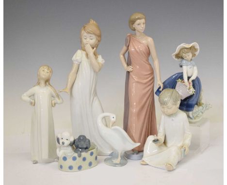 Three Lladro porcelain figures comprising 'Pretty Pickings' (5222), goose and child in night gown, together with four Nao fig