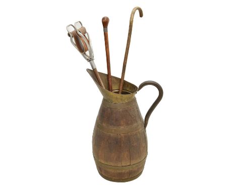 Early 20th century coopered flagon stick stand, 60cm high, together with two walking sticks and shooting stick (4)