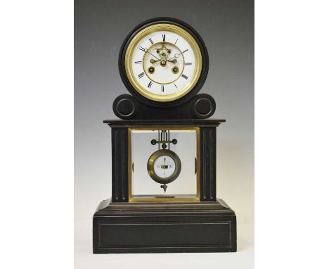 Late 19th century Belgian slate mantel clock, the white enamel chapter ring dial enclosing visible Brocot movement with moon 