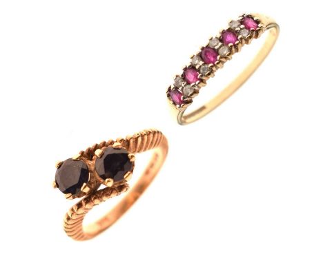 Two 9ct gold gem-set dress rings comprising a sapphire two-stone crossover 9ct gold ring, London 1981, size N, 4.1g gross app