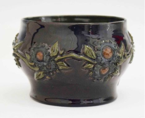 Clevedon Interest - Elton ware slipware pottery bowl, circa 1880, of bulging cauldron form with floral relief decoration, sig