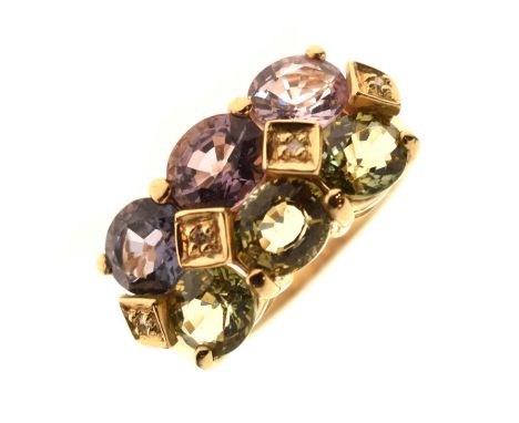 Gem-set and diamond 9ct gold dress ring, the six oval stones of varying shades of pink and green, size O, 4.7g gross approx