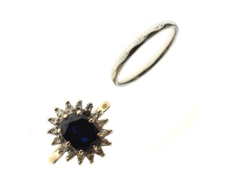 Sapphire and diamond cluster 18ct gold ring, size M½, and a platinum wedding band, size M, 6.8g gross approx (2)