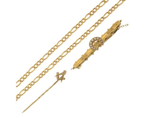 9ct gold seed pearl lucky horseshoe bar brooch, 4cm approx, 2.3g gross approx incuding safety chain, together with a Masonic 