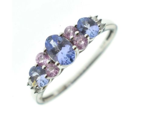 Pink and purple gemstone 9ct white gold ring, size O, 1.8g gross approx