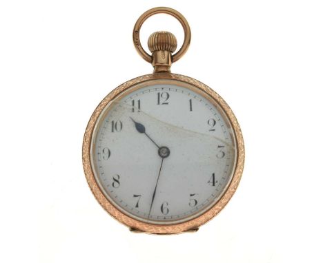 Early 20th century lady's 9ct gold open face fob watch, the white enamel Arabic dial with blued steel hands, engraved case ba