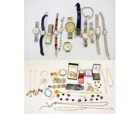 Collection of fashion watches and costume jewellery comprising a lady's Sekonda 9ct gold cased cocktail watch, the silvered d