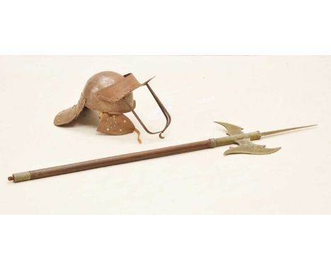 Copy of a Cromwellian period 'Lobster Tail' helmet, possibly for re-enactments, one piece skull with hinged visor with three 
