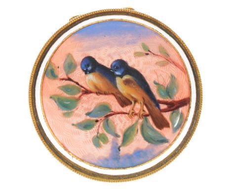 Enamelled pill or patch box, of circular form decorated with two perching birds on an engine-turned ground, 39mm diameter