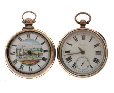 Mid Victorian silver pair-cased open face pocket watch, William Wilson, London, the white enamel dial with black Roman hour m