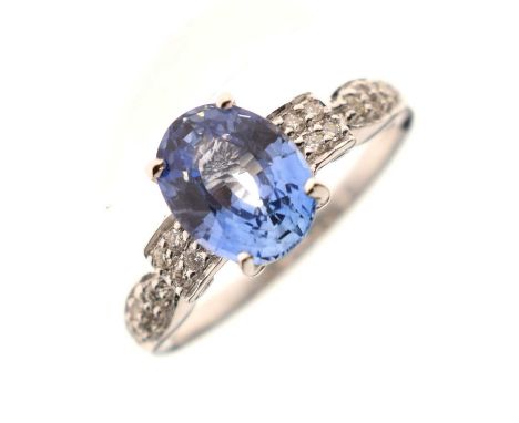 18ct white gold, oval 1.9ct sapphire and diamond ring, size N approx, 3.6g gross approx, with Gems TV certificate stating Mad