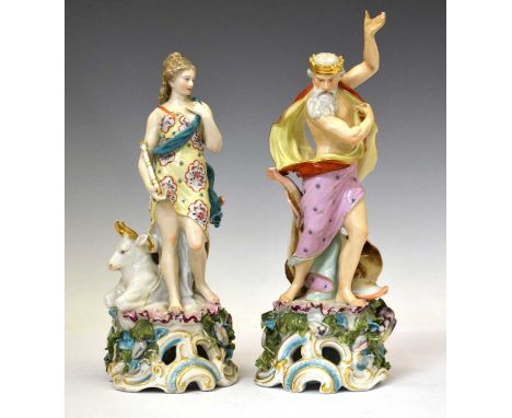 Pair of Samson porcelain figures 'Europa and the Bull' and 'Neptune', after 'Chelsea-Derby' each raised on foliate rococo bas