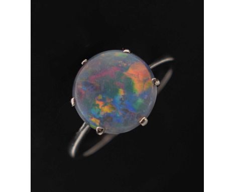 Black opal doublet platinum ring, the circular stone 10mm diameter approx, size K, 2.9g gross approx