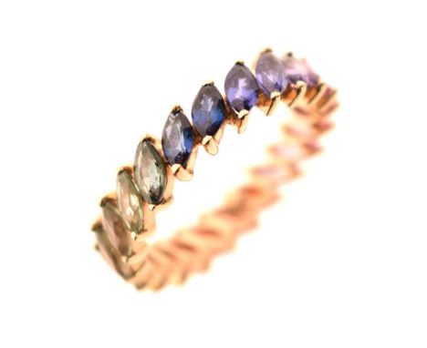 9K yellow metal and fancy sapphire full eternity ring, the 22 marquise-cut stones in colours of the rainbow, size N approx, 2