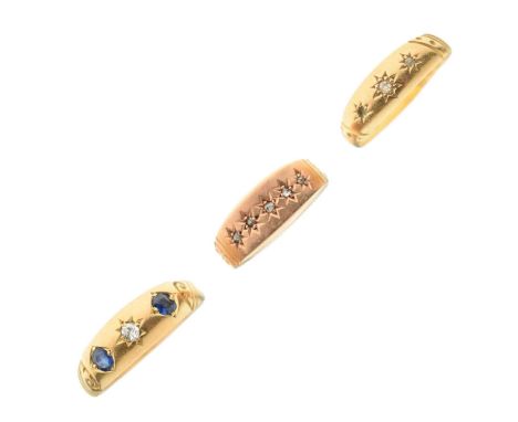 Edwardian 18ct gold sapphire and diamond gypsy set three-stone ring, Birmingham 1902, size R½, and an Edwardian 18ct gold dia