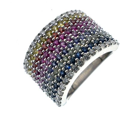 Fancy coloured sapphire and diamond multi-stone 18ct white gold ring, size N½, 15mm wide approx, 12.5g gross approx, boxed, w