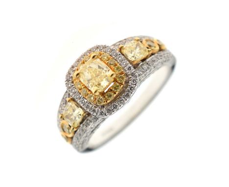 18ct white and yellow gold, yellow and white diamond ring, the central stone 4.5mm x 4mm, size N, 7.7g gross approx