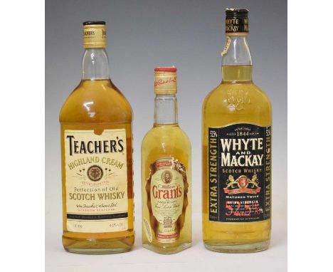 Whyte and Mackay Scotch whisky, 1 one-litre bottle, Teachers Highland Cream Scotch whisky, 1 one-litre bottle, and Grants fam