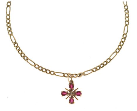 9ct gold Figaro link chain, with 9ct gold ruby and diamond cruciform pendant, 5.2g gross approx (2)